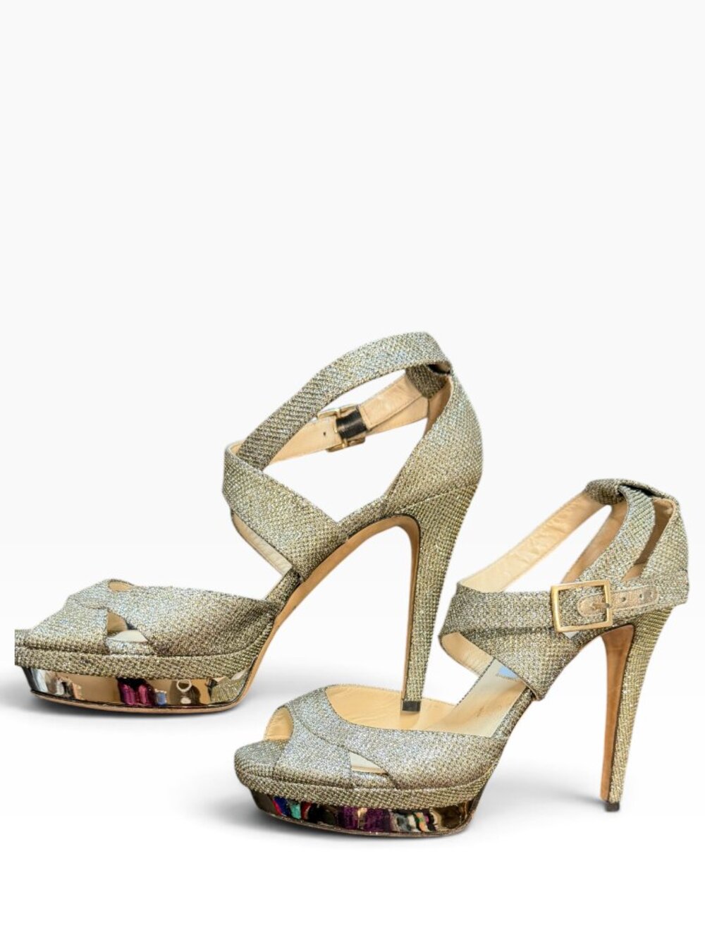 Jimmy Choo Kuki Gold Glitter Platform Sandals 39.5 US 9.5